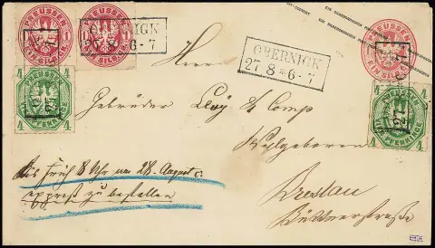 4 Pfge. vert et 1 Sgr. rose chacun par deux, pièces magnifiques sur entier postal 1 Sgr. rose (découpe de cachet au verso), avec Ra2 "Obernigk" comme lettre exprès avec instruction d'exprès inhabituelle "à livrer avant 8h le 28 août par exprès" à Breslau. Lettre exprès inhabituelle avec surtaxe de 2 Pfge.
