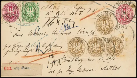 4 Pfge. vert, 1 Sgr. rose carmin ainsi que bande de trois et pièce unique 3 Sgr. brun ocre sur entier postal 1 Sgr. rose, avec K1 "Bonn" comme…