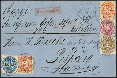 6 Pfge. orange-rouge par deux, avec 1 Sgr. rose, 2 Sgr. bleu et 3 Sgr. brun ocre comme représentation inhabituelle du tarif exprès recommandé sur lettre avec K2 "Berlin"…