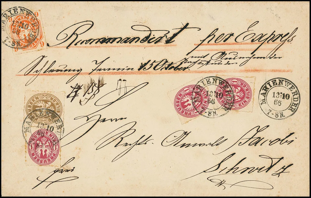 6 Pfge. orange-rouge, trois fois 1 Sgr. rose carmin et 3 Sgr. brun ocre sur lettre exprès recommandée (ouverte latéralement) de la 2e classe de poids (2 Sgr. port, 2 Sgr. recommandé,…