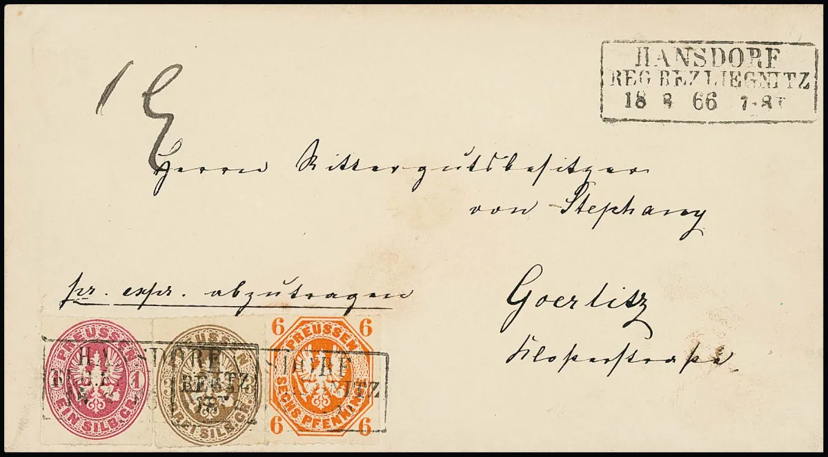 6 Pfge. roodoranje, 1 Sgr. roze en 3 Sgr. okerbruin op kabinet expresse dubbelbrief met Ra3 "Hansdorf Reg. bez. Liegnitz" 1866 naar Goerlitz, gesigneerd Krause