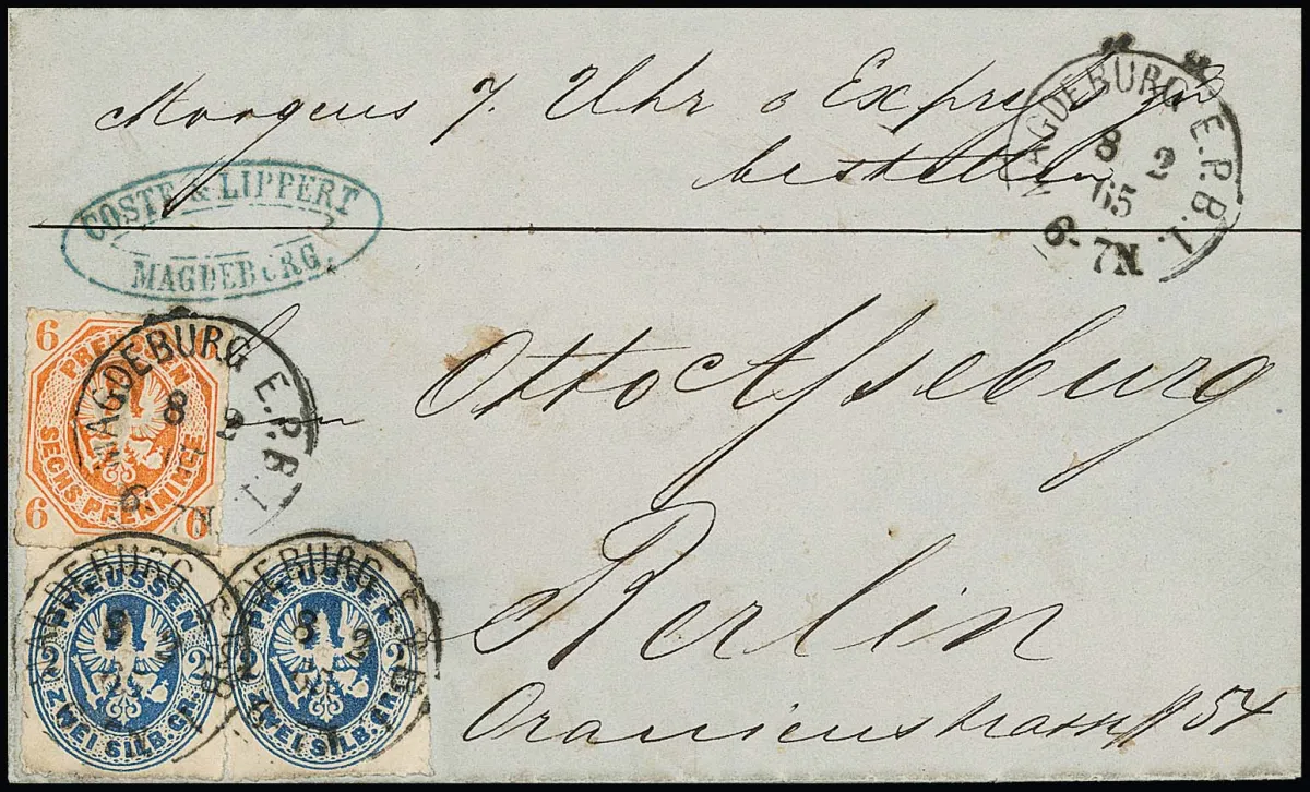 6 Pfge. red-orange and two times 2 Sgr. blue (once on right small perforation irregularity) on express letter with rare grotesque K1 "Magdeburg E.P.B.1" 1865 to Berlin with unusual exact express instruction "Morgens 7 Uhr Expreß zu bestellen"