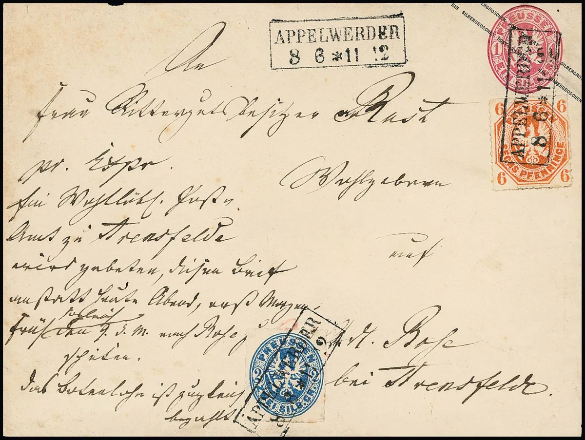 6 Pfge. rotorange und 2 Sgr. blau auf Großformat-Ganzsache 1 Sgr. rosa (nach links hin leicht getönt), mit Ra2 "Appelwerder" als Landexpreßbrief nach Bose bei…