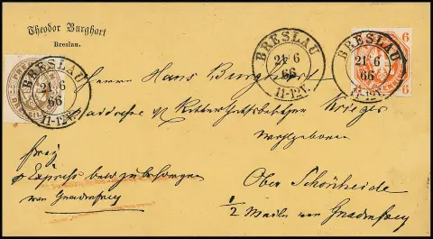 6 Pfge. rouge-orange (déchirure discrète) et 3 Sgr. brun ocre sur enveloppe exprès rurale beige avec K2 "Breslau" pour Ober-Schönheide près de Gnadenfrey. Ici le cas rare où seule la taxe d'express normale de 2 1/2 Sgr. a été affranchie avec la mention expresse que le lieu de campagne n'était qu'à 1/2 mille