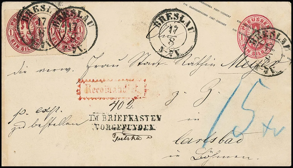 1 Sgr. karmin, Prachtpaar auf Ganzsache 1 Sgr. rosa, als Reco-Expreßbrief mit K2 "Breslau" nach Carlsbad in Böhmen. L2 "Im Briefkasten vorgefunden", in…