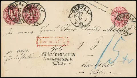 1 Sgr. carmin, paire magnifique sur entier 1 Sgr. rose, comme lettre exprès recommandée avec K2 "Breslau" pour Carlsbad en Bohême. L2 "Im Briefkasten vorgefunden", en Autriche seule la taxe d'express manquante de 3 Sgr. (convertie en "15 Xr.") a été recouvrée, mais pas le port recommandé manquant