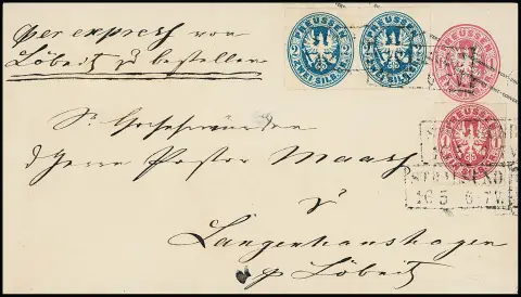 1 Sgr. carmin et paire 2 Sgr. bleu prussien, chacun impeccable, sur entier 1 Sgr. rose (défauts d'ouverture au verso, petite éraflure à l'intérieur) avec Ra2 "Stralsund" comme…