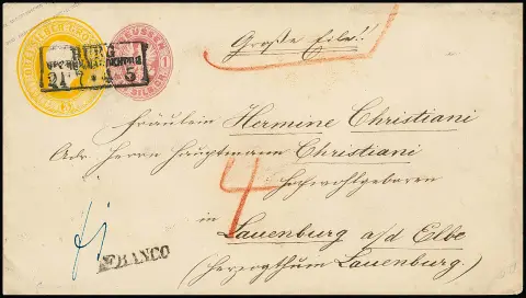 1 Sgr. carmin (coupe ronde) comme affranchissement complémentaire sur enveloppe entière 3 Sgr. jaune avec Ra3 "Burg Reg. Bez. Magdeburg" 1862 pour Lauenburg/Elbe, au verso…