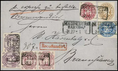 1 Sgr. karminowy, 2 Sgr. niebieski, 3 Sgr. ochrowy brąz i czterokrotnie 3 Pfge., w ciemnofioletowym (3) resp. szarofioletowym (jeden), wspaniałe egzemplarze na liście poleconym ekspresowym z Ra3…