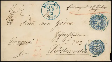 2 Sgr. niebieski, dwie wspaniałe sztuki na liście ekspresowym z wartością deklarowaną z niebieskim K1 "Berlin P.E.6" 1867 do Fürstenwalde, opłata 1 Sgr. + 1/2 Sgr. opłata ubezpieczeniowa i 2 1/2 Sgr. ekspres, jedyny znany pruski list ekspresowy z wartością, ex zb. Wolz