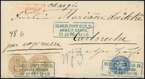 2 Sgr. niebieski i dwukrotnie 3 Sgr. ochrowo-brązowy (jeden z małym rozcięciem) na liście poleconym ekspresowym z niebieskim Ra3 "Berlin. Post-Exp. 11. Anhalt. Bahnh." do Carlsruhe. Opłata 3 Sgr. plus 2 Sgr. Reco i 3 Sgr. ekspres, jedyny zarejestrowany pruski list ekspresowy do Badenii