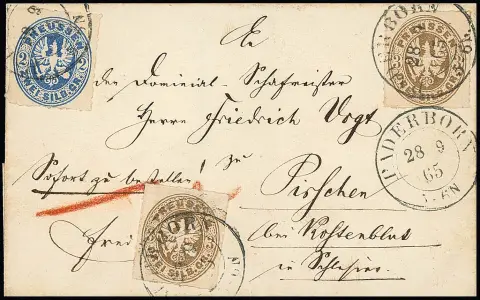 2 Sgr. niebieski i dwukrotnie 3 Sgr. ochrowo-brązowy, wspaniałe sztuki na wiejskim liście ekspresowym z K2 "Paderborn" 1865 do Pirchen koło Kostenblut (Śląsk). Opłata 3 Sgr. za 3. strefę odległości plus 5 Sgr. ekspres wiejski, rzadkie