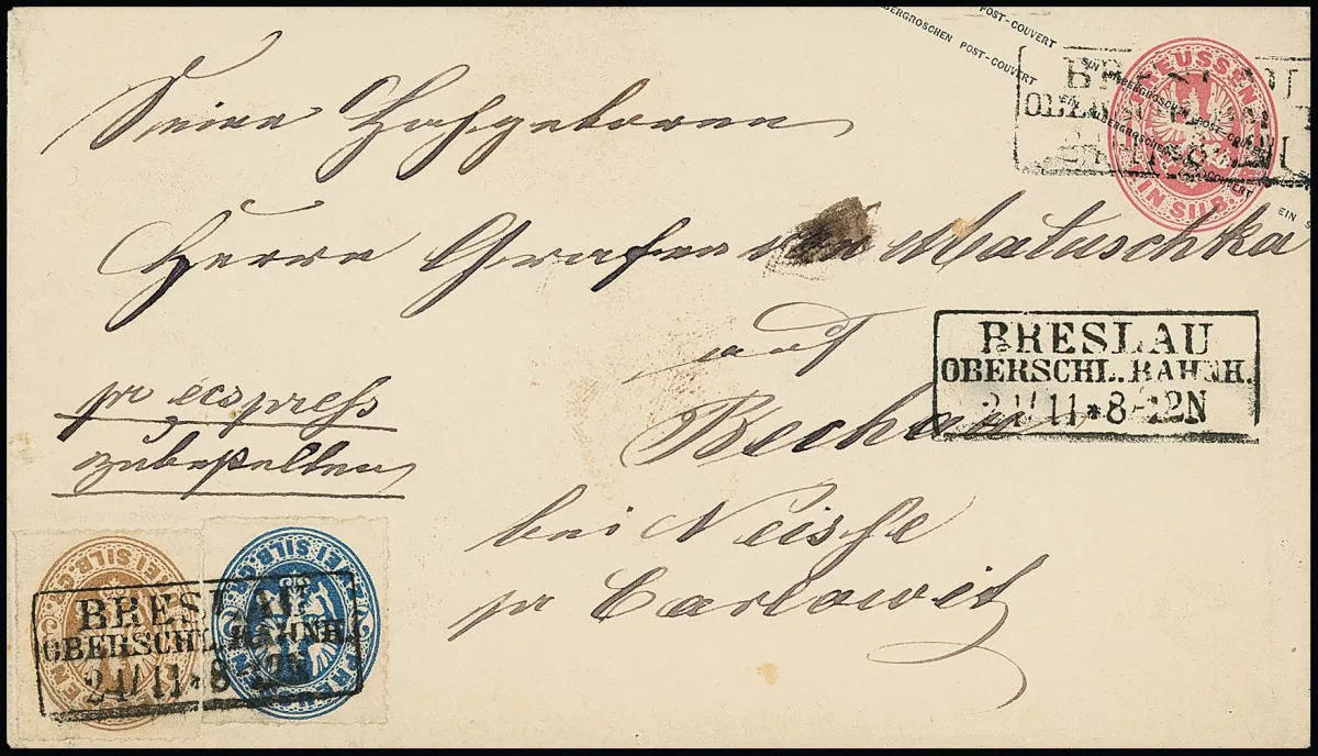 2 Sgr. bleu et 3 Sgr. brun ocre sur entier 1 Sgr. rose, avec Ra3 "Breslau Oberschl. Bahnh." comme lettre exprès rurale pour Bechau près de Neisse, 1 Sgr. port plus…