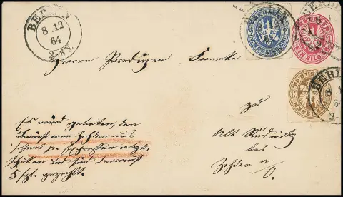 2 Sgr. niebieski i 3 Sgr. szarobrązowy, doskonałe egzemplarze na całostce 1 Sgr. różowej, z K2 "Berlin" 1864 jako wiejski list ekspresowy do Alt-Rüdnitz koło Zossen/O. 1 Sgr.…