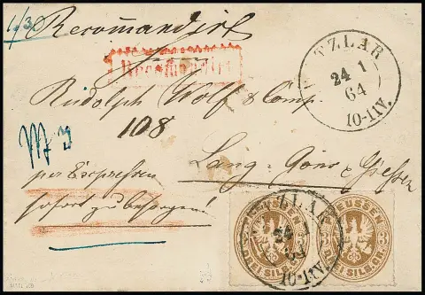 3 Sgr. ochrowo-brązowy w parze na liście poleconym ekspresowym z K2 "Wetzlar" 1864 do Lang-Göns koło Giessen w związku pocztowym, opłata 1 Sgr. plus 2 Sgr. polecenie i 3 Sgr.…