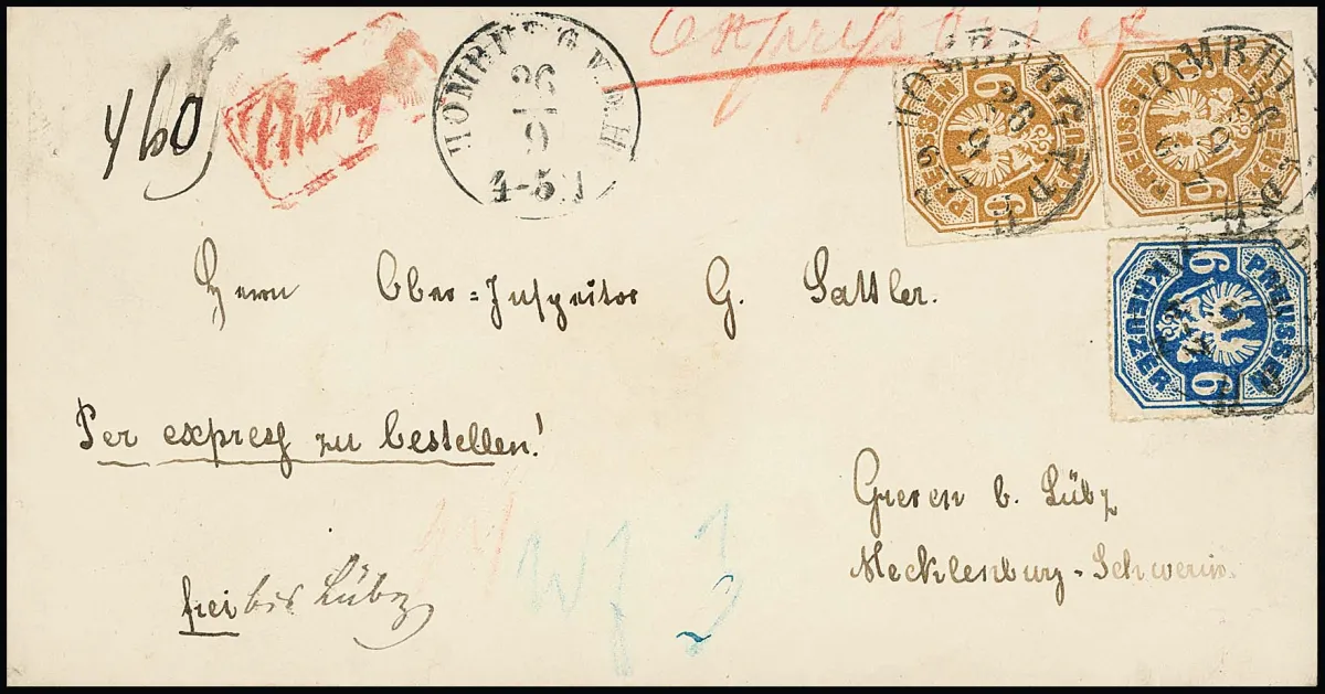6 Kr. preußischblau et paire 9 Kr. ockerbraun (valeur inférieure légèrement séparée aux ciseaux) sur lettre recommandée exprès rurale très fraîche dans le district rural de Lübz en...