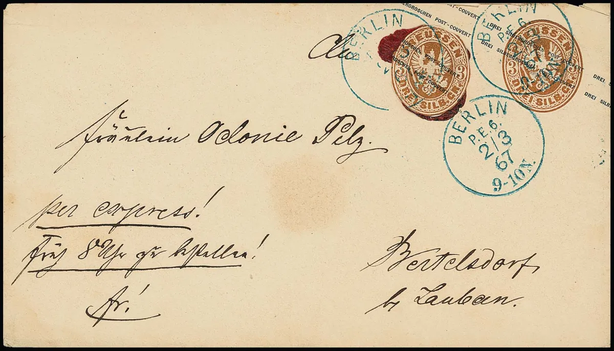 Découpe d'entier au blason 3 Sgr. ockerbraun, découpée ronde et fixée à la cire à cacheter, sur entier 3 Sgr. ockerbraun, avec K1 bleu "Berlin P.E.6"...