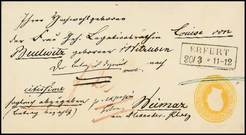 Całostka nagłówkowa 3 Sgr. żółta odwrócona zaadresowana jako list ekspresowy z Ra2 "Erfurt" do związku pocztowego do Weimar