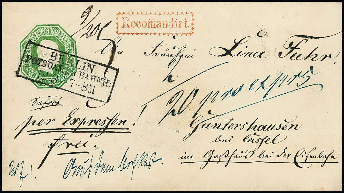 Entier postal octogonal 6 Sgr. vert, superbe enveloppe fraîche et entièrement originale avec Ra3 "Berlin Potsdamer Bahn:" comme enveloppe recommandée exprès rurale dans l'union postale à Guntershausen près de Cassel