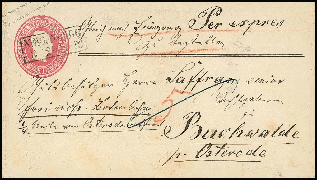 Head postal stationery 1 Sgr. pink in usual usage condition as rural express letter with Ra2 "Neuenburg" to Buchwalde near Osterode, front ms. "5" Sgr
