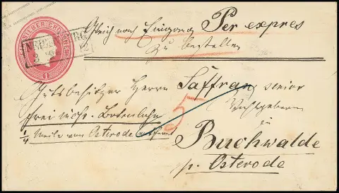 Całostka nagłówkowa 1 Sgr. różowa w zwykłym stanie użytkowym jako wiejski list ekspresowy z Ra2 "Neuenburg" do Buchwalde koło Osterode, z przodu ręcznie "5" Sgr