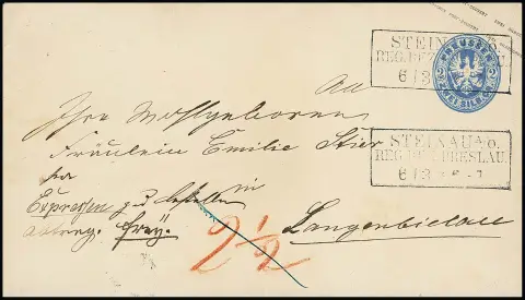 Цельная вещь с гербом 2 зильбергроша синяя с Ra3 "Steinau a.O. Reg. Bez. Breslau" как экспресс-письмо в Langenbielau, "2 1/2" зильбергроша экспресс-сбор оплачен наличными