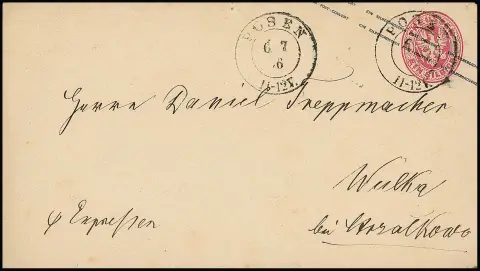 Цельная вещь с головой 1 зильбергрош розовая (на обороте мин. следы вскрытия) с K2 "Posen" как сельское экспресс-письмо в Wulka под Strzalkowo, сельский сбор на обороте получателем квитирован