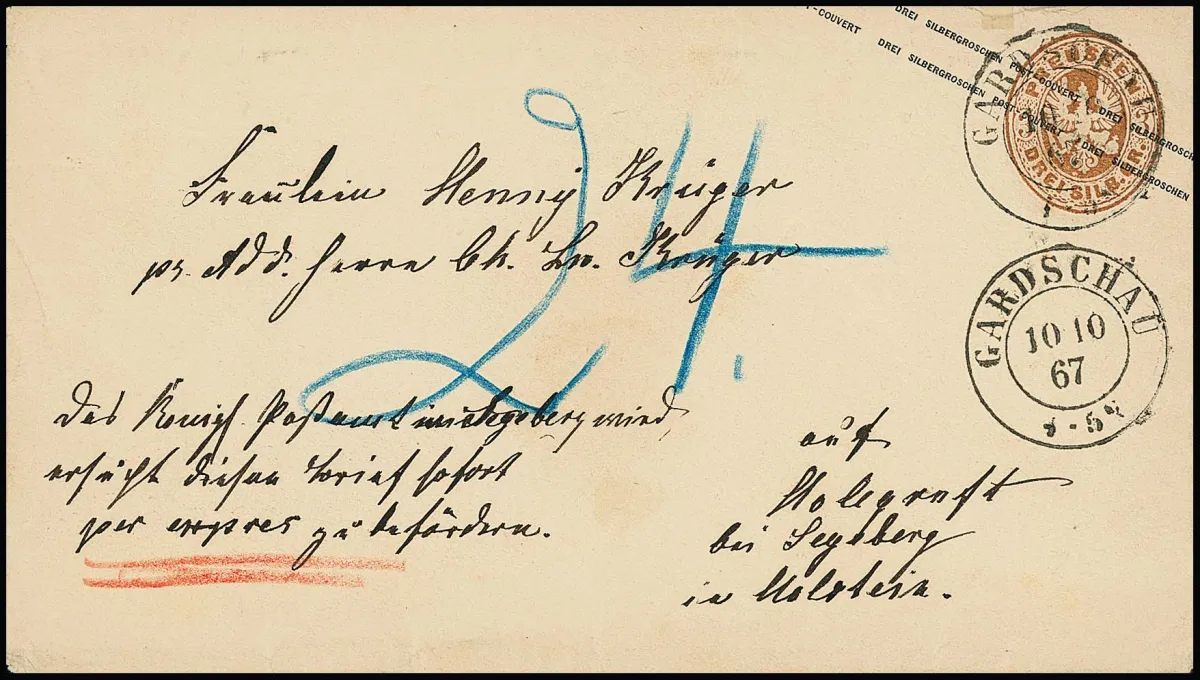Entier postal armoiries 3 Sgr. brun ocre, magnifique enveloppe avec K2 "Gardschau" comme lettre exprès rurale dans le district de Segeberg en Schleswig-Holstein, 1867 appartenant à la Prusse…