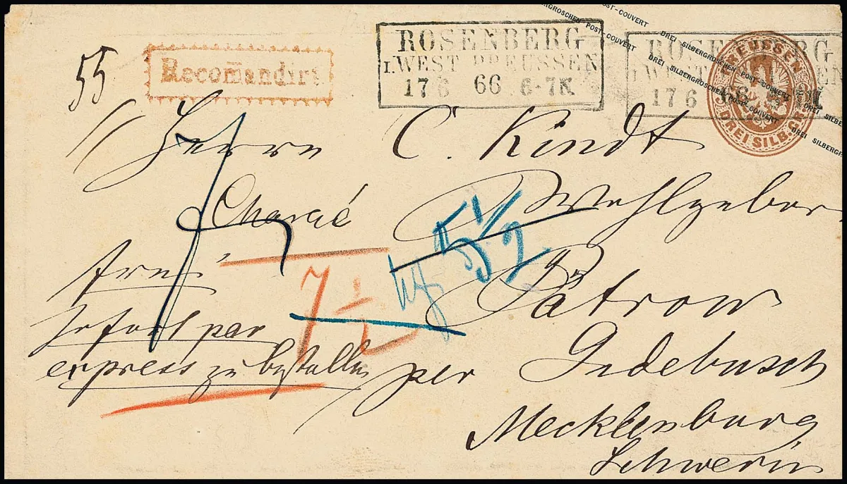 Známková celina s erbem 3 Sgr. okrově hnědá, nádherná obálka s Ra3 "Rosenberg i. West-Preussen" jako venkovský doporučený expresní dopis do Patrow u Gadebusch. Jeden z mála…