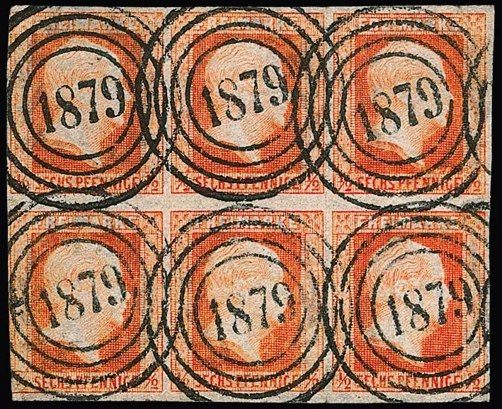 1/2 Sgr. rouge brique, bloc horizontal de six, chaque timbre clairement oblitéré avec un meilleur NS "1879" (Königshuld). Le timbre inférieur gauche touché en bas à gauche, deux timbres avec trace de pli. Aspect décoratif de ce bloc rare et ancien ! Sign. Diena et certificat Brettl. Enregistré chez nous depuis la 43e vente Corinphila 1956