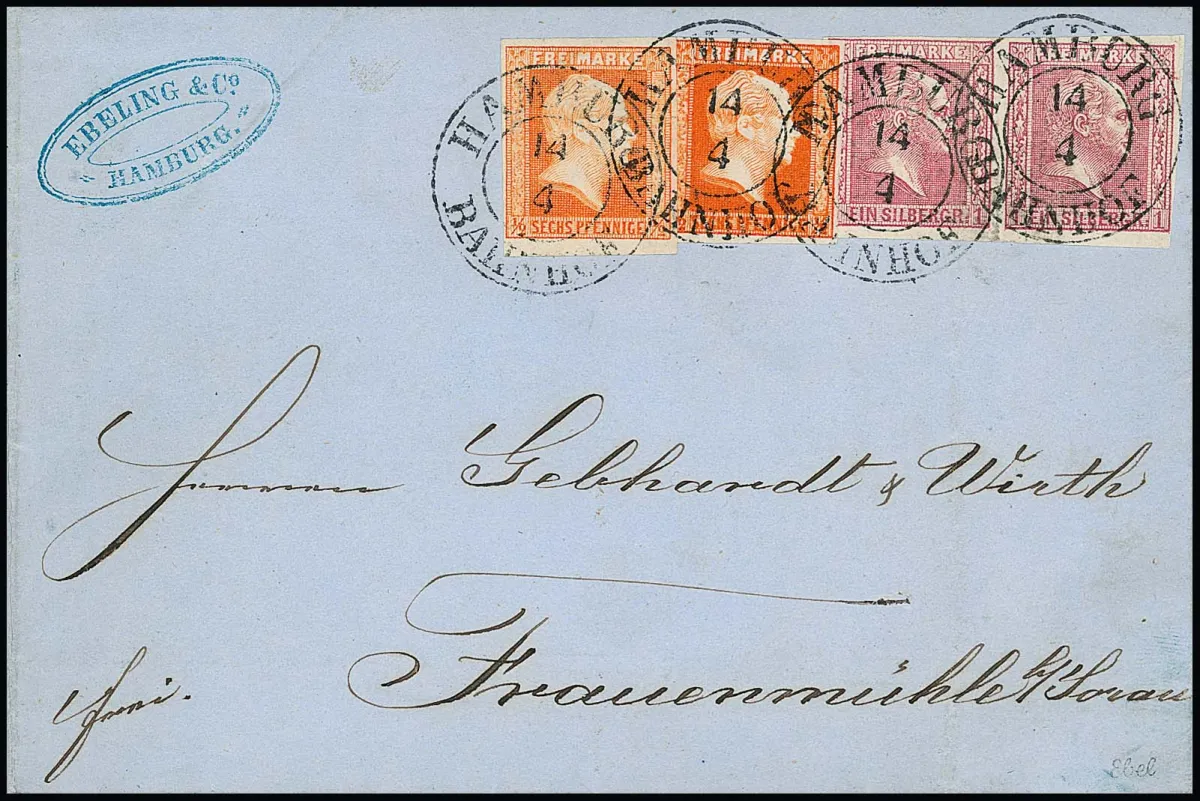 1/2 Sgr. rouge brique en affranchissement mixte de même couleur et valeur avec 1/2 Sgr. rouge brique foncé, sans filigrane, ainsi qu'une paire 1 Sgr. rose, sur lettre avec K2 "Hamburg Bahnhof" pour Frauenmühle. Tous les timbres bien margés, légères traces de pli pressées (1/2 Sgr. gauche horizontale, 1 Sgr. gauche verticale), néanmoins une combinaison rare. Sign. Kastaun