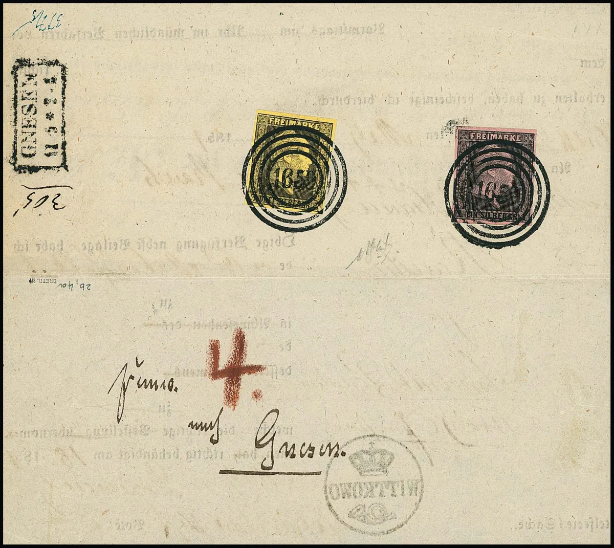 1 Sgr. black/pink and 3 Sgr. black/yellow, luxury items with clear NS "1659" on post insurance document from Wittkowo (K2 and reverse crown-posthorn cancel)