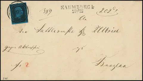 2 зигр. чёрн./синий на кабинетном письме с NS "995" и L2 "Naumburg", 19.12.1850, в Bunzlau. Письмо отличается двумя особенностями, делающими его уникальным: во-первых, марка с перевёрнутым водяным знаком, которых на письмах известно не более горстки. Кроме того, письмо имеет особенность по порто, которая мне встречается впервые. Порто составляло 1 зигр., но франкировано 2 зигр., поэтому