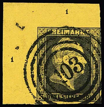 3 Sgr. schw./gelb, seltene linke obere Bogenecke mit NS "103", Reihenzahl "1". Attest Jäschke-L. "in fehlerfreier Erhaltung", ferner sign. Pfenninger, Banker