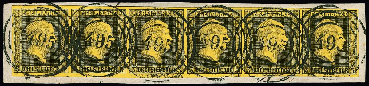 3 Sgr. černá/žlutá ve velmi vzácné šestipásce na luxusním ústřižku dopisu s NS "495" (Glogau), sign. Flemming s posudkem, atest Brettl