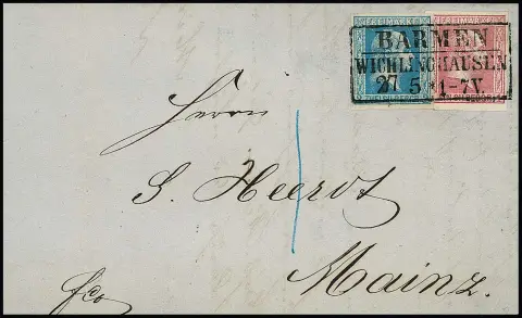 2 Sgr. blue in mixed franking with 1 Sgr. pink, luxury pieces on folded letter 1860 with ideal Ra3 "Barmen-Wichlinghausen". The 2 Sgr. with the most striking and rare plate flaw "diagonal line through FREIMARKE", of which only a handful of letters exist. Mi. 1800,- +