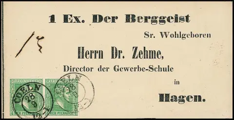 4 Pfge. green in pair on preprinted "Berggeist" wrapper of 2nd weight step with K2 "Coeln" to Hagen, ex Grobe, signed Banker