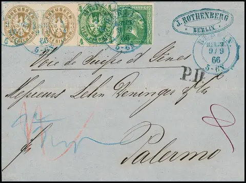 4 Pfge. green in rare same-value mixed franking with coat of arms 4 Pfge. green, and pair 3 Sgr. ochre-brown, on foreign letter with blue K2 "Berlin…