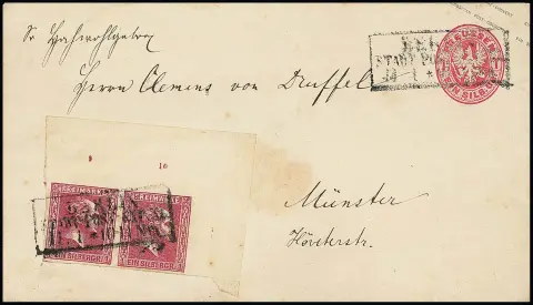 1 Sgr. carmine, enormous large-margined pair from the upper right sheet corner with up to 18mm wide sheet margin, row numbers "9" and "10", on coat of arms postal stationery 1…
