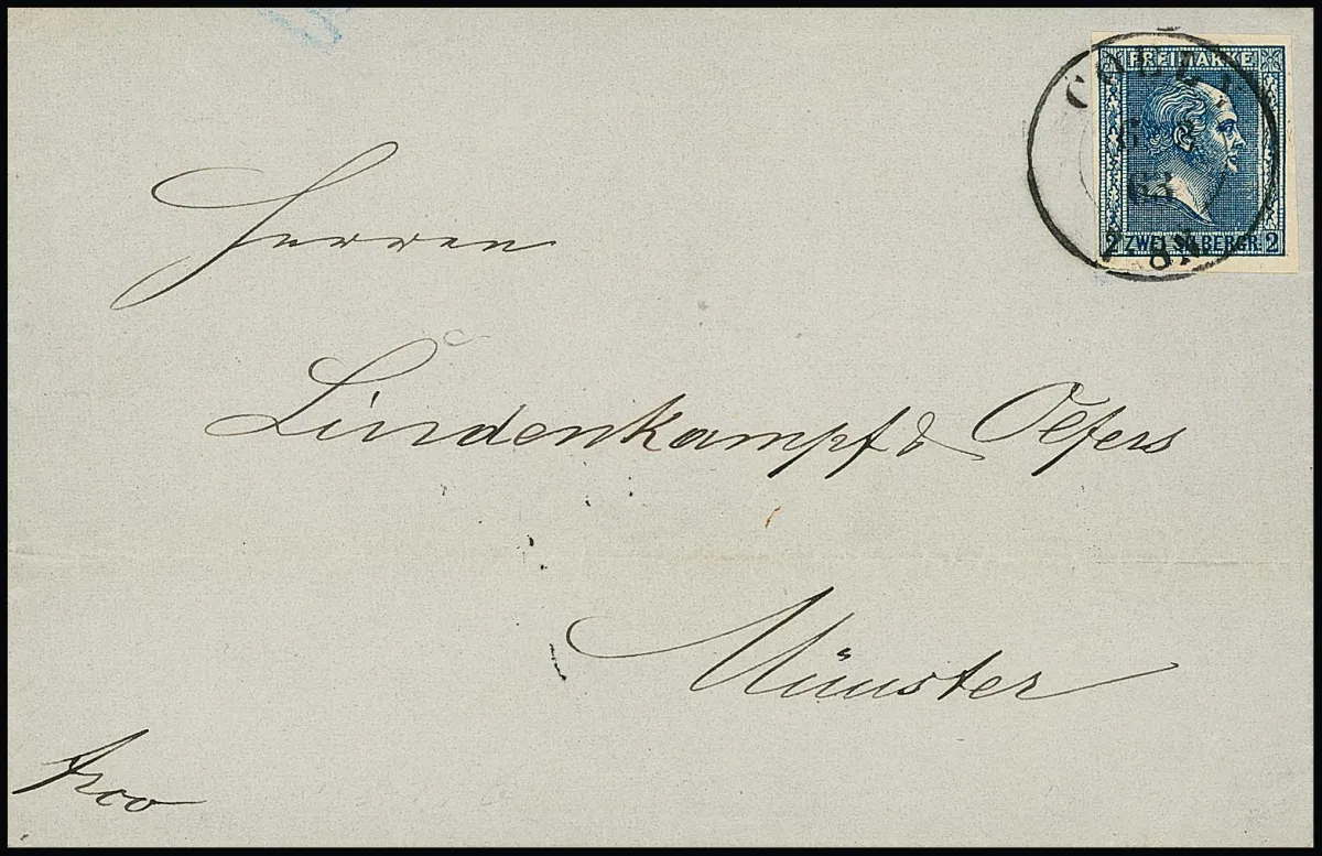 2 Sgr. noir-bleu sur lettre de choix avec K2 "Coeln" (avec année "63") pour Münster, le timbre avec défaut de plaque "feuille de chêne enroulée" (manuel H1).
