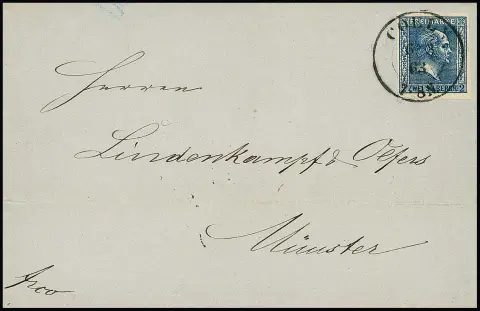 2 Sgr. black-blue on showpiece letter with K2 "Coeln" (with year "63") to Münster, the stamp with plate flaw "curled oak leaf" (handbook H1).