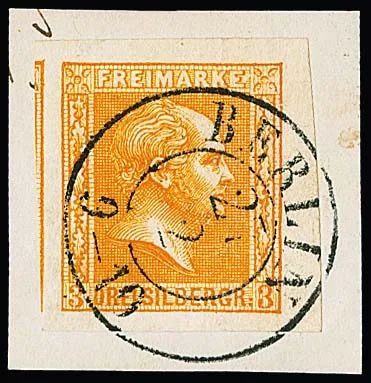 3 Sgr. orange, excellently wide-margined small upper right luxury sheet corner on piece with K2 "Berlin", adjacent stamp on left.