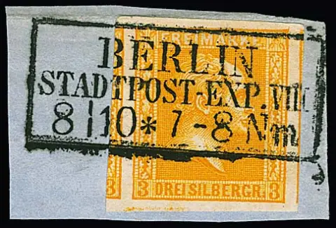 3 Sgr. orange, unusually over-margined, adjacent stamps left and right, on luxury piece with straight Ra3 "Berlin Stadtpost-Exp. VIII".