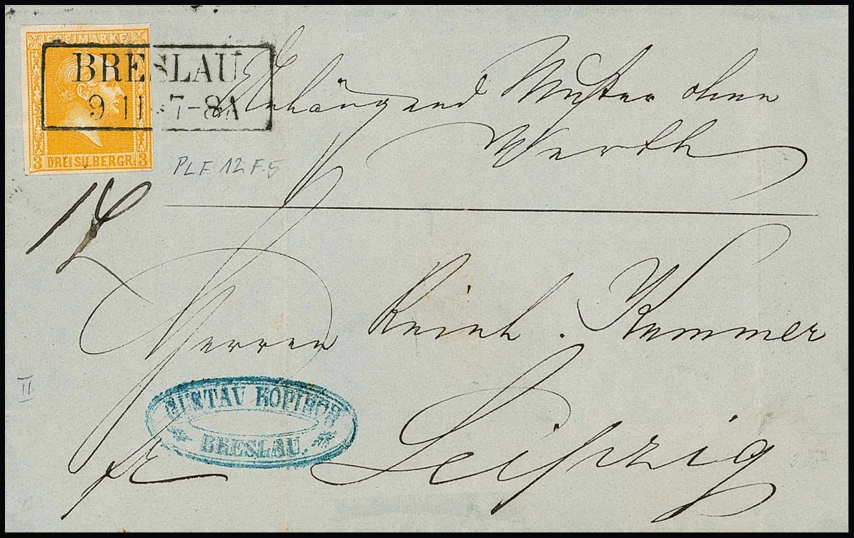3 Sgr. orange on franked showpiece letter ("sample without value") with Ra2 "Breslau" to Leipzig, the stamp with plate flaw rare on letter "lower left corner broken out".