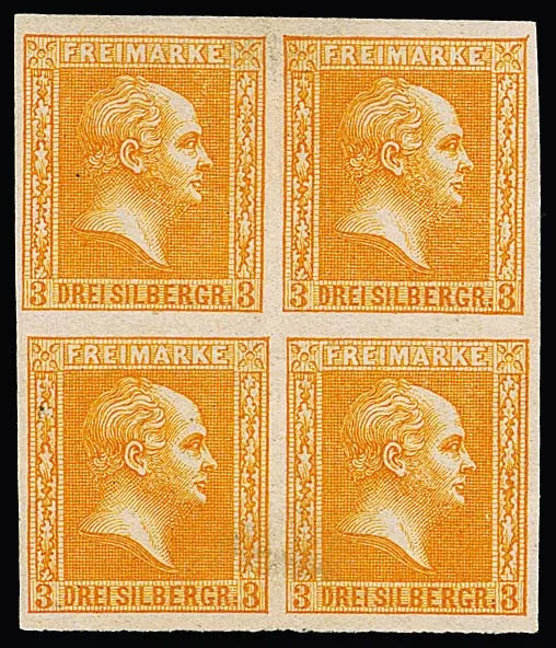 3 Sgr. geeloranje (grensnuance), breedgerande ongebruikte vierblok (in het midden alleen in de tussenruimte voorvouwspoor, onderste paar lichte verkleuring), zeldzame eenheid