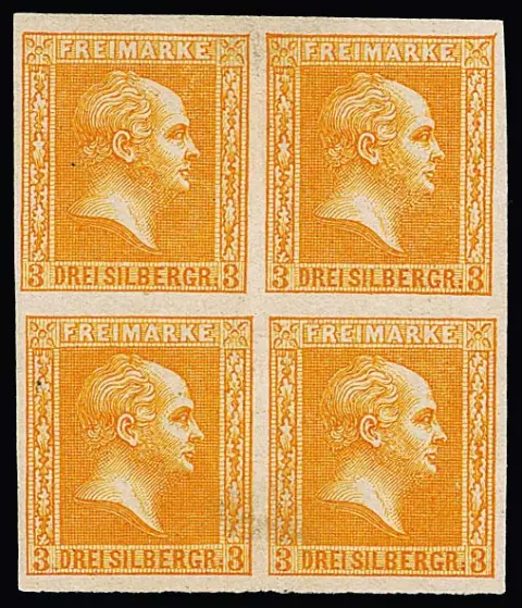 3 Sgr. yellow-orange (border shade), wide-margined unused block of four (in the middle only in the gap pre-fold trace, lower pair slight discoloration), rare unit