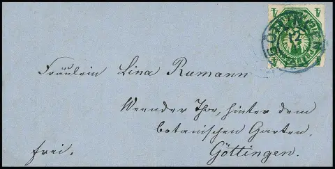 4 Pfge. green single on small blue local letter with reused blue K2 "Göttingen". Local letters at 4 pfennigs at the adopted old Hanover tariff...
