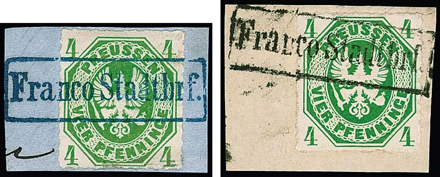 4 Pfge. green, two decorative letter pieces each with cancellation by Berlin Ra1 "Franco Stadtbrf." in black or blue (once small perforation irregularity). During...