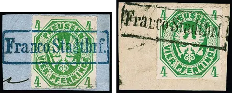 4 Pfge. green, two decorative letter pieces each with cancellation by Berlin Ra1 "Franco Stadtbrf." in black or blue (once small perforation irregularity). During...