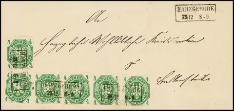 4 Pfge. green, six individually affixed copies on cabinet letter with Ra2 "Harzgerode" to Ballenstedt